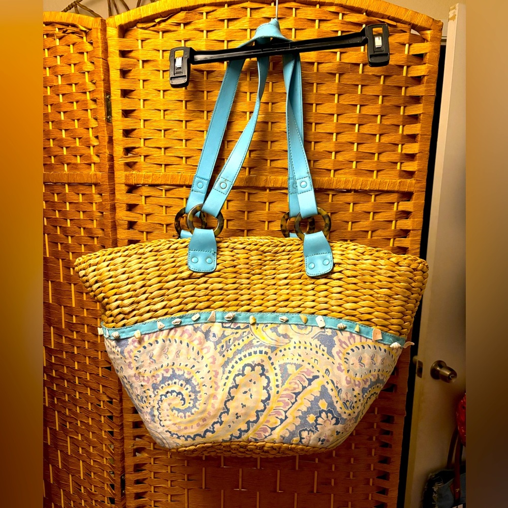 Vera Bradley~LARGE Capri Blue Woven Straw Beach Tote Bag W Sea Shells